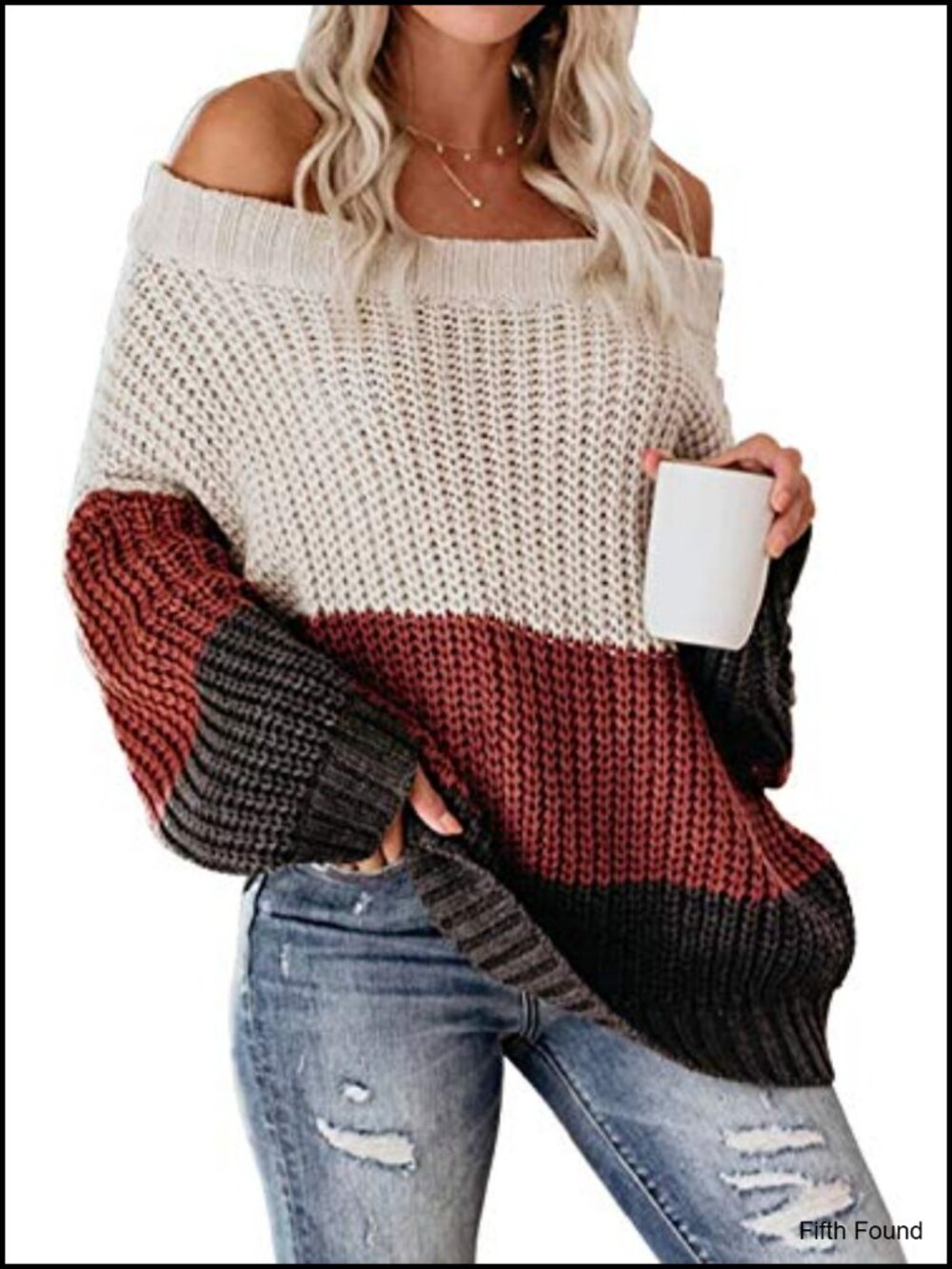 Womens Off Shoulder Color Block Oversized Pullover Sweater